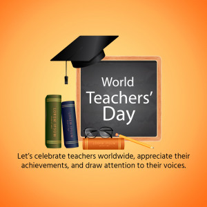 Illustration of a graduation cap, chalkboard with 'World Teachers' Day' text, books, glasses, and pencil on an orange background.