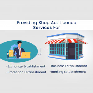 Illustration of a shop building with a person using a laptop, representing Shop Act Licence services.