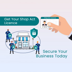Illustration of a hand holding a Shop Act License with security guards and a shop building.
