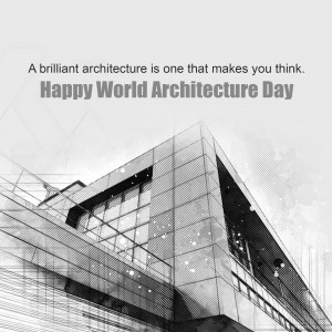 Sketch of a modern building with text celebrating World Architecture Day
