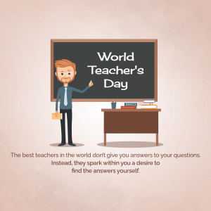 Cartoon illustration of a teacher presenting in front of a chalkboard with 'World Teacher's Day' written on it.