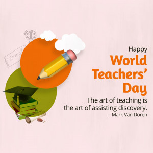 Illustration of a pencil, books, and graduation cap with the text 'Happy World Teachers' Day'