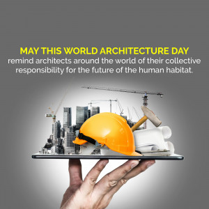 Image celebrating World Architecture Day with a hand holding a tablet displaying a cityscape and construction tools.