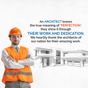 Architect wearing a hard hat and safety vest standing in front of a building sketch.