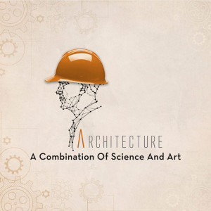 A hard hat shaped like a human head with a network of lines inside, representing the combination of science and art in architecture.