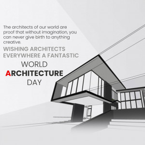 Image celebrating World Architecture Day with a modern building sketch and inspirational text.