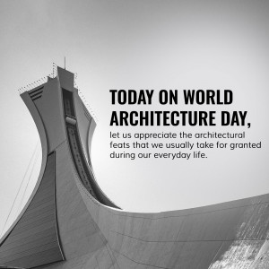 Black and white image of the Montreal Olympic Stadium tower with text celebrating World Architecture Day.