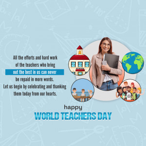 Image celebrating World Teachers Day with a teacher and educational icons.
