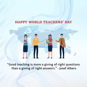 Illustration of diverse teachers with a world map background and a quote about teaching.