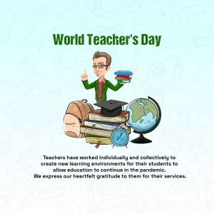 Illustration of a teacher with books, globe, and school supplies, celebrating World Teacher's Day.