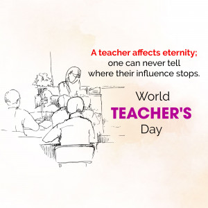 Illustration of a teacher with students and a quote about the impact of teachers.