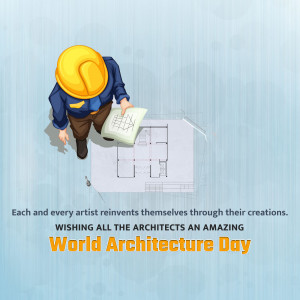 Overhead view of an architect reviewing blueprints on World Architecture Day.