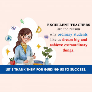 Illustration of a female teacher with books and educational symbols, with a motivational quote.