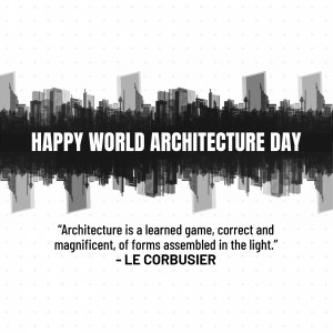 World Architecture Day graphic with cityscape and quote