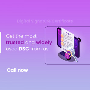 Image depicting a digital signature certificate on a smartphone with a magnifying glass, promoting trusted DSC services.
