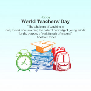 World Teachers' Day illustration with books, backpack, alarm clock, and graduation cap