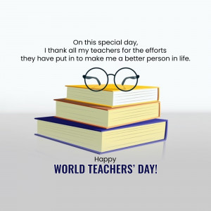 Stack of books with glasses on top and a World Teachers' Day message