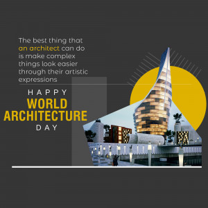 Modern architecture building with a golden sun and inspirational quote.