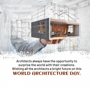 Hand holding a model house with architectural blueprints in the background, celebrating World Architecture Day.