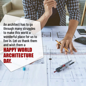 Architect working on blueprints with text overlay 'Happy World Architecture Day'