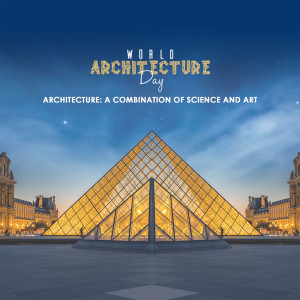 Louvre Pyramid illuminated at dusk with 'World Architecture Day' text overlay