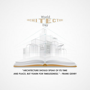 World Architecture Day graphic with an open book and building sketch