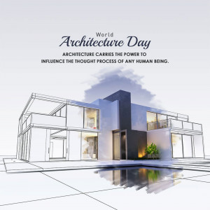 Illustration of a modern house design with the text 'World Architecture Day'