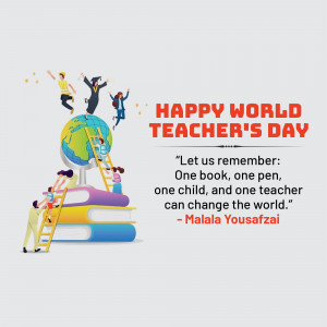Illustration of people climbing ladders towards a globe with books, celebrating World Teacher's Day.