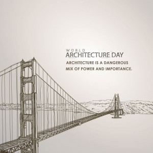 Sketch of the Golden Gate Bridge with World Architecture Day text