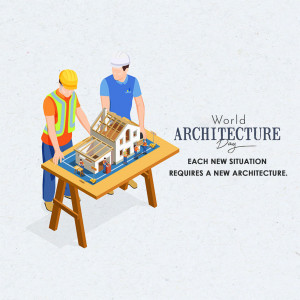 Isometric illustration of construction workers examining a house model for World Architecture Day.
