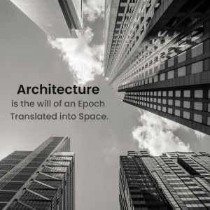 Black and white image of skyscrapers pointing towards the sky with text overlay.
