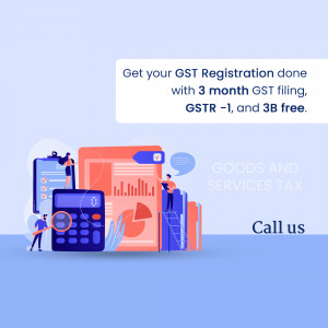 Illustration of people working with documents and tools related to GST registration and filing.