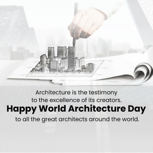 Hand drawing a cityscape blueprint with text celebrating World Architecture Day