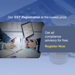 Image depicting GST registration and compliance services with a laptop, coins, and people working.