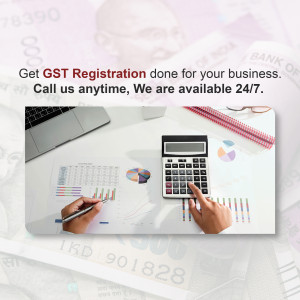 Image depicting GST registration services with a laptop, calculator, and Indian currency.