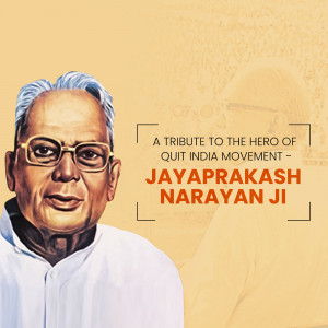 Portrait of Jayaprakash Narayan with text commemorating his role in the Quit India Movement.
