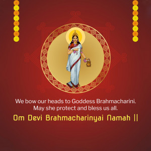 Image of Goddess Brahmacharini with marigold decorations and a devotional message.