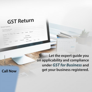 Image of a laptop displaying a GST return form with text promoting expert guidance and business registration.