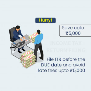 Illustration of a person filing income tax return with a savings offer.