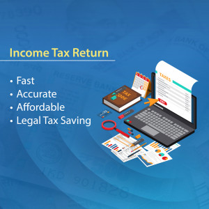 Income Tax Return filing with laptop, books, and tax forms