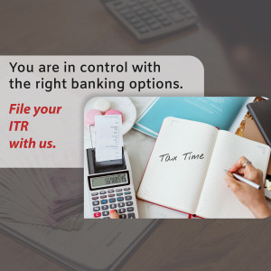 Image depicting tax filing with banking options, calculator, and documents.