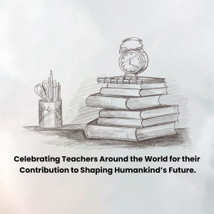 Sketch of books, a pencil holder with tools, and a watch, with text celebrating teachers.