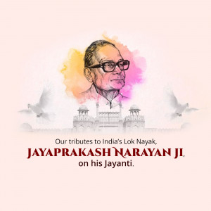 Portrait of Jayaprakash Narayan with doves and India Gate in the background
