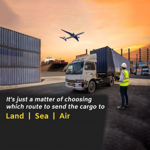 Truck with shipping containers and airplane in the background representing logistics options