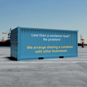 Blue shipping container with text promoting container load sharing services.