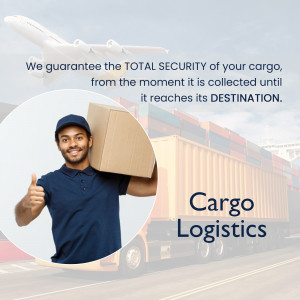 A delivery worker with a package in front of cargo containers and a truck, with an airplane in the background, promoting secure cargo logistics.