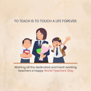 Illustration of a teacher with two students, celebrating World Teachers' Day.