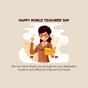 Illustration of a female teacher with an open book and a raised finger, celebrating World Teachers' Day.