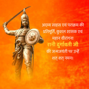 Statue of Rani Durgavati with text commemorating her birth anniversary