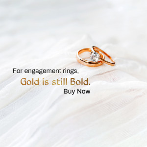 Close-up of two gold engagement rings, one with a diamond, on a white fabric background with promotional text.